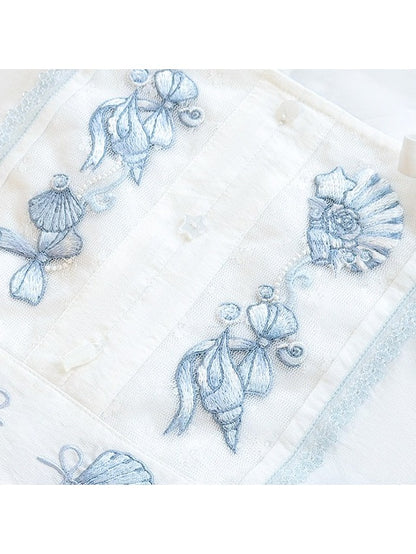 Sleeveless Tie Strap Shell Embroidered Dress in White and Blue - Yimu Walnut