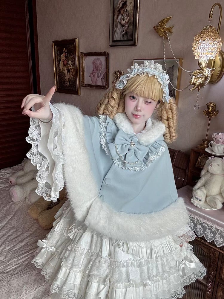 Fur Hooded Baby Cape Winter Blue Trim Woolen Lolita Faux Cat-Ear