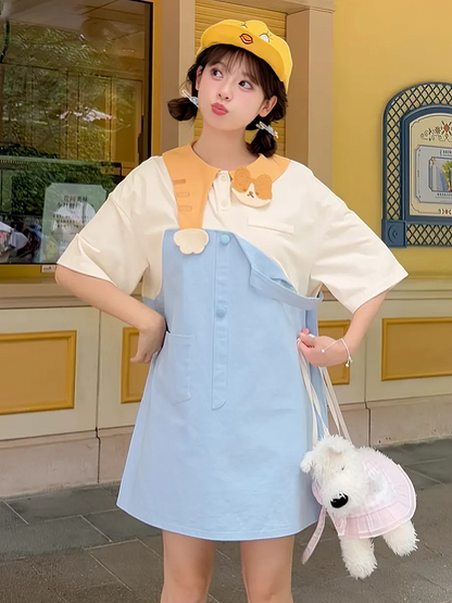 Zweiteiliges Kleid mit entzückendem Katzenkragen in Blau und Weiß mit Farbblock-Design