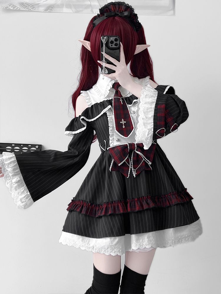 Kleid Bell Plaid Tie Idol und Schulterausschnitt Lolita Schwarz Bowknot Streifen Rot mit Ärmeln