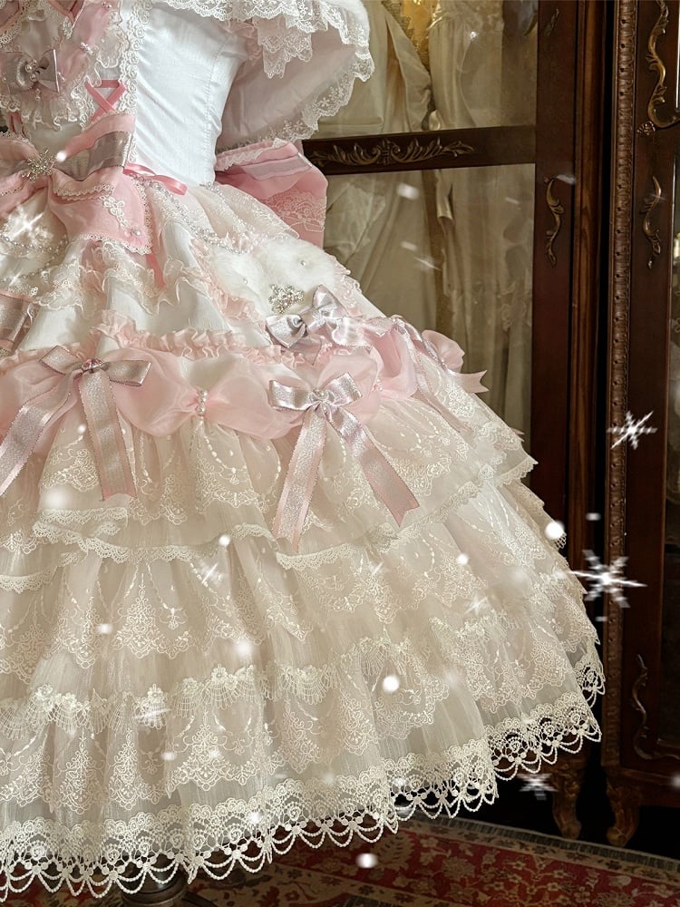 Dress Lolita Hime Accents Pink Skirt and Princess Layered with Bow Pearl