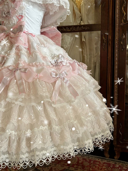 Dress Lolita Hime Accents Pink Skirt and Princess Layered with Bow Pearl