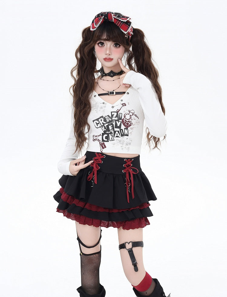 Black/White V-neck Buckle Strap Letter Print Cropped Top