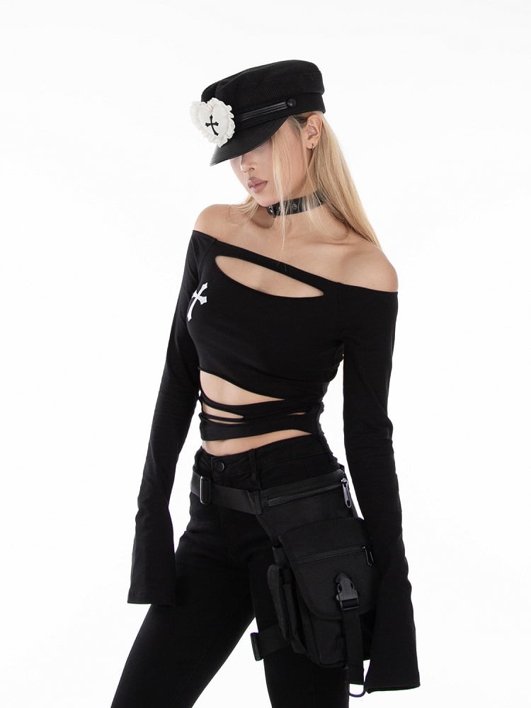 Top Black Off-Shoulder Punk with Distressed Rock Holes