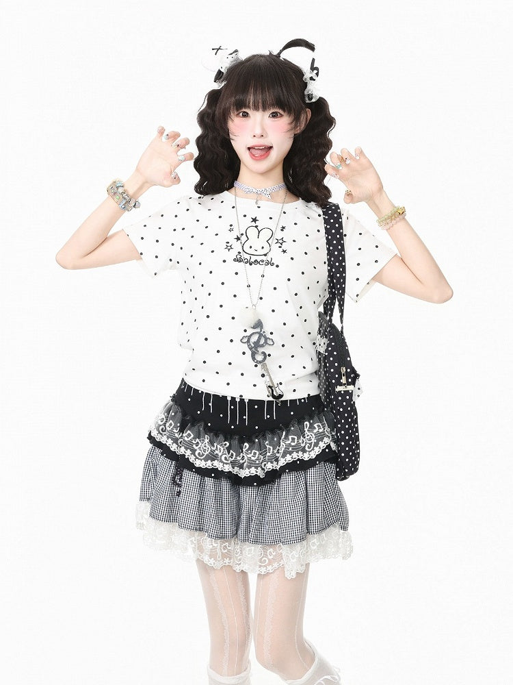 Kawaii White Polka Dot Tee with Rabbit Embroidery - Languid Park