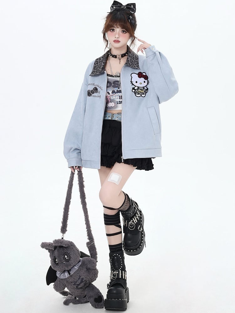 Blue Kitty Leopard Collar Baseball Jacket