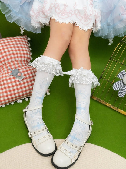 Calf Cross Cuffs Heart And Pink/Blue Socks Bowknot Print Lace With