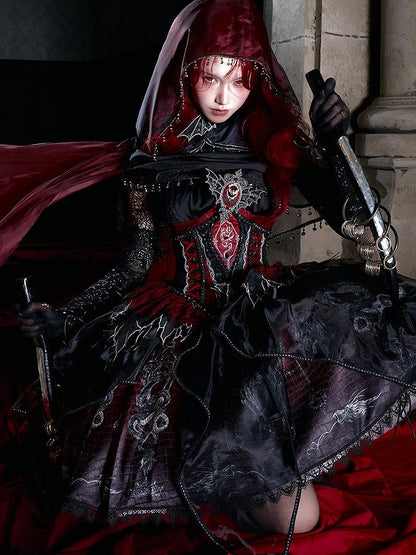 Black & Red Bone Dragon Embroidery Halter Neck Gothic Lolita Dress Set - Ying Luo Fu