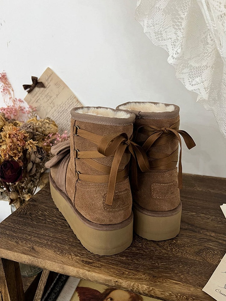 Brown Sweet Lolita Platform Snow Boots - Front Bow Accent with Rear Lace-Up Detail