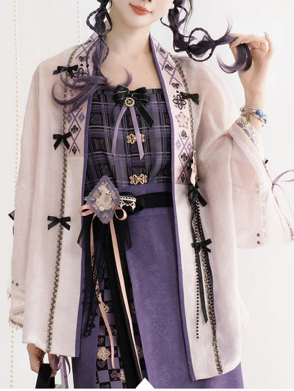 Pink Morden Hanfu Elements Moon Rabbit Embroidery Outerwear with Lace & Bowknots - Luo Xiu Dong Xiang