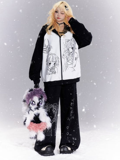 Schwarz-weißer Kapuzenpullover mit Farbblock-Reißverschluss und Manga-Mädchen-Print
