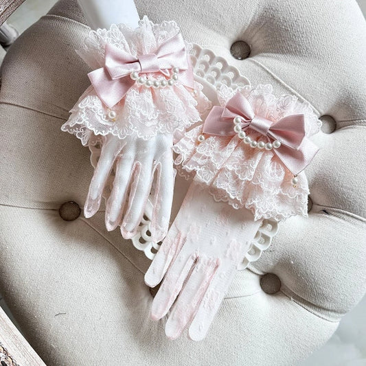 Pastel Pearl Gloves Wrist Cuffs Accents) Lolita (Lace Pink Set