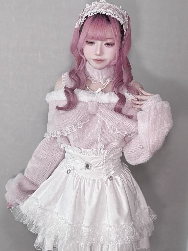 Top Shoulder Open Kei Decor Beaded Jirai with Chain Pink/White/Black Ruffle Fleece-lined