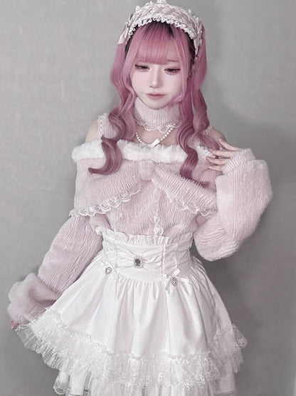 Top Shoulder Open Kei Decor Beaded Jirai with Chain Pink/White/Black Ruffle Fleece-lined
