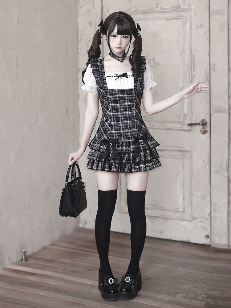 Black Plaid Square Neck Puff Sleeve Low-Waist Dress and Shorts Set - Ekomi