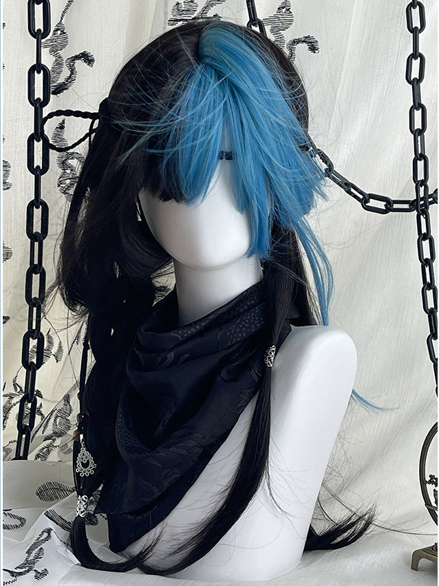黒と青の髪 Y2K 65cm ハイライトストレートウィッグカラー