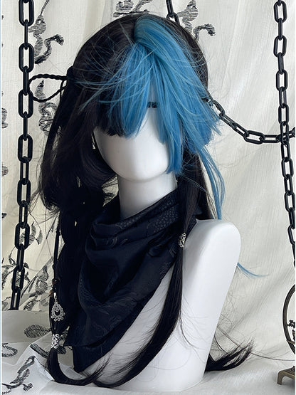 黒と青の髪 Y2K 65cm ハイライトストレートウィッグカラー