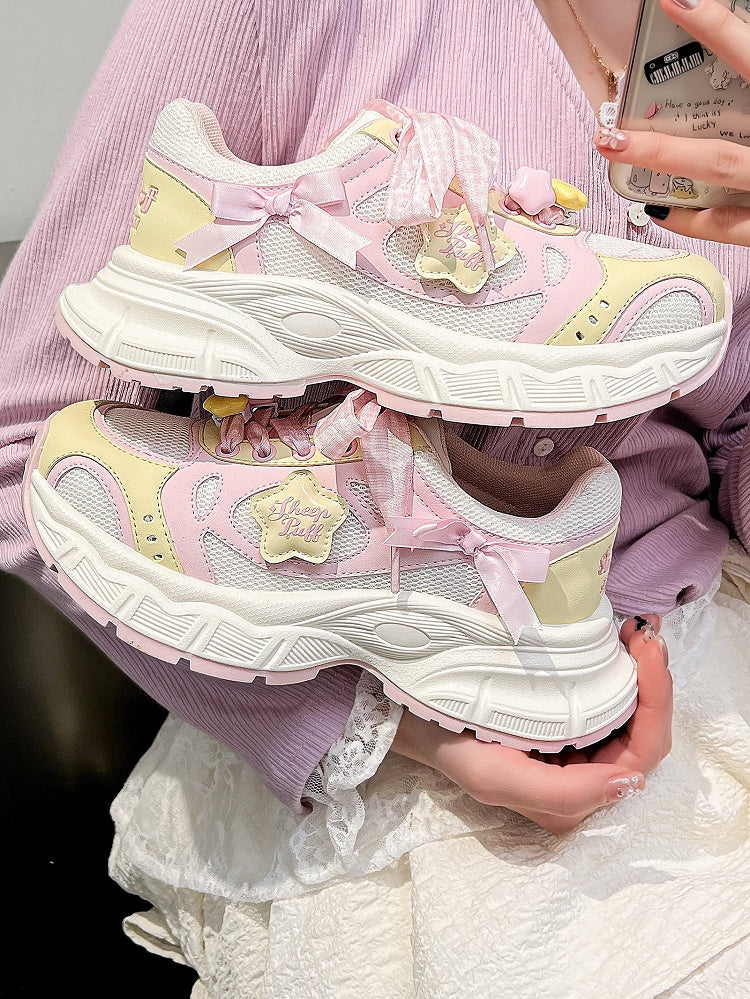 in Platform Pink Lolita Design Bow Plaid Lace-up Star Sweet Details Sneakers Yellow And