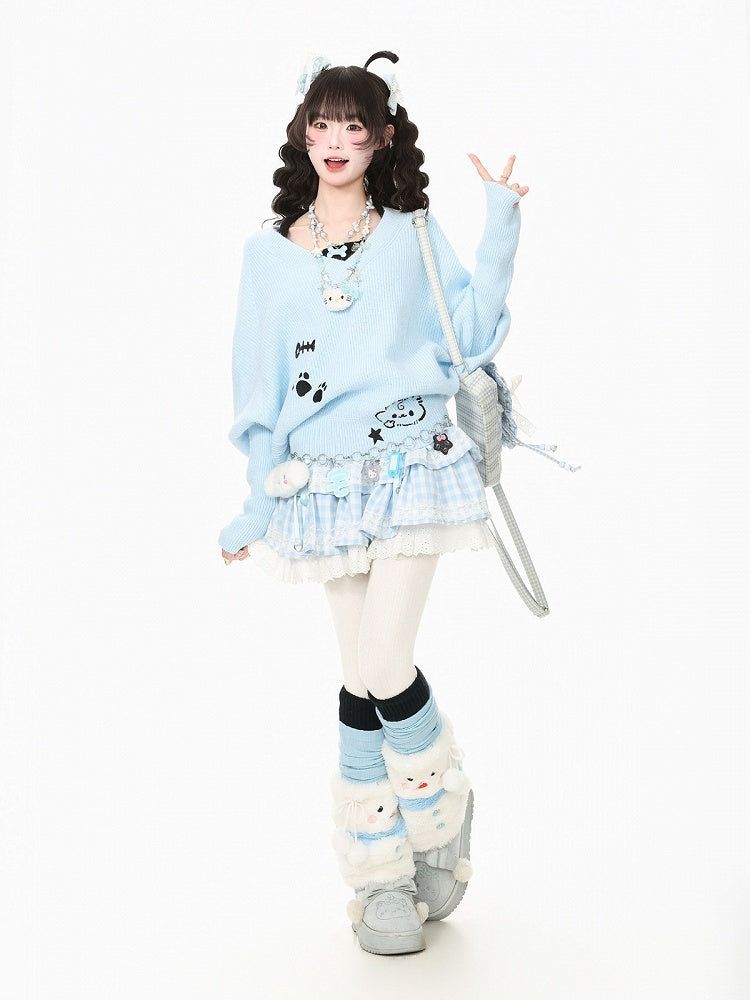 Faux Two Piece Blue Batwing Sleeve Kitten Embroidered Sweater - Languid Park