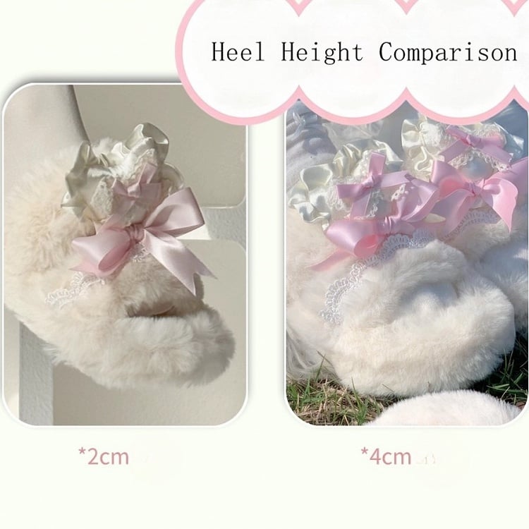 Ruffle - Lace Pink Slippers Bow with 2cm/4cm Platform Knotted Lolita Plush Heart Sweet Winter Trim