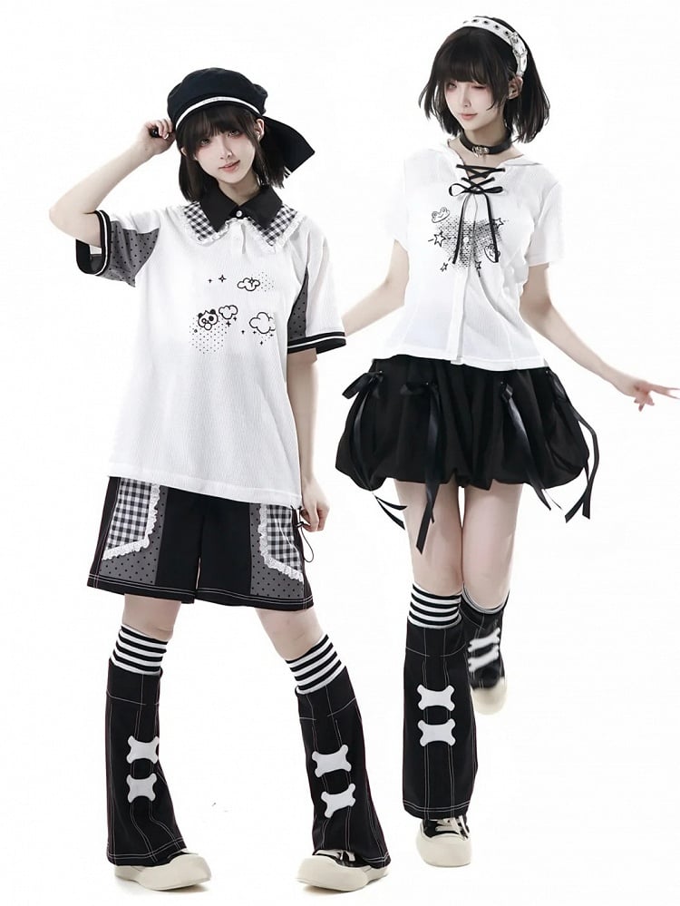 White Frog Lace-up Neckline Front Button Placket T-shirt Cute Print Hooded Waffle