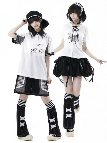 White Frog Lace-up Neckline Front Button Placket T-shirt Cute Print Hooded Waffle