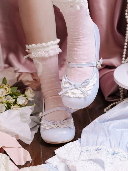 ヒール 2.2CM/4.3CM ジェーンズ メアリー トゥトリム ブルー ラウンドアクセント ノットレース ボウ