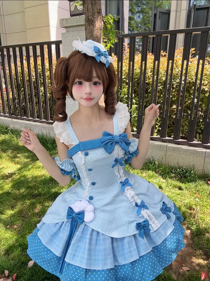 Blue Polka Dot Ruffled Sweet Lolita Jumper Skirt - Sweetheart Dream