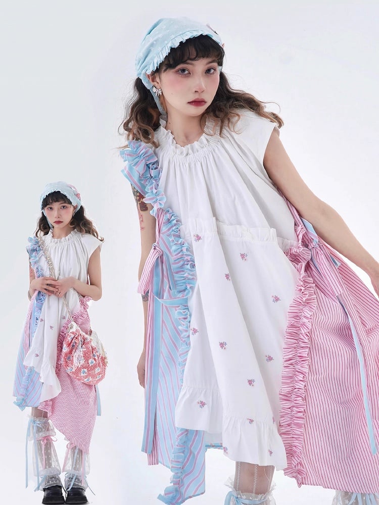 Embroidered Hem Accents with Blue Pink Floral Dress Asymmetrical