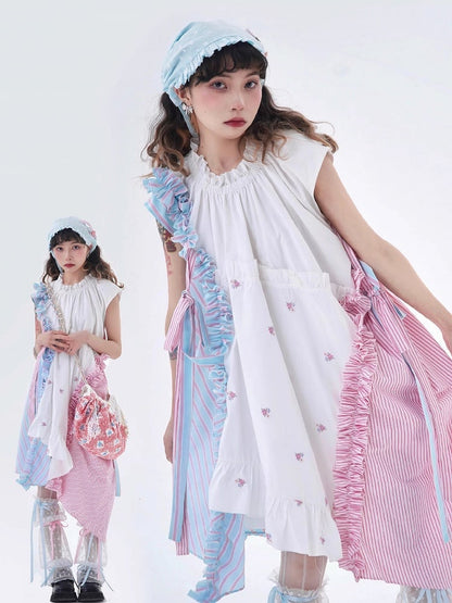 Embroidered Hem Accents with Blue Pink Floral Dress Asymmetrical