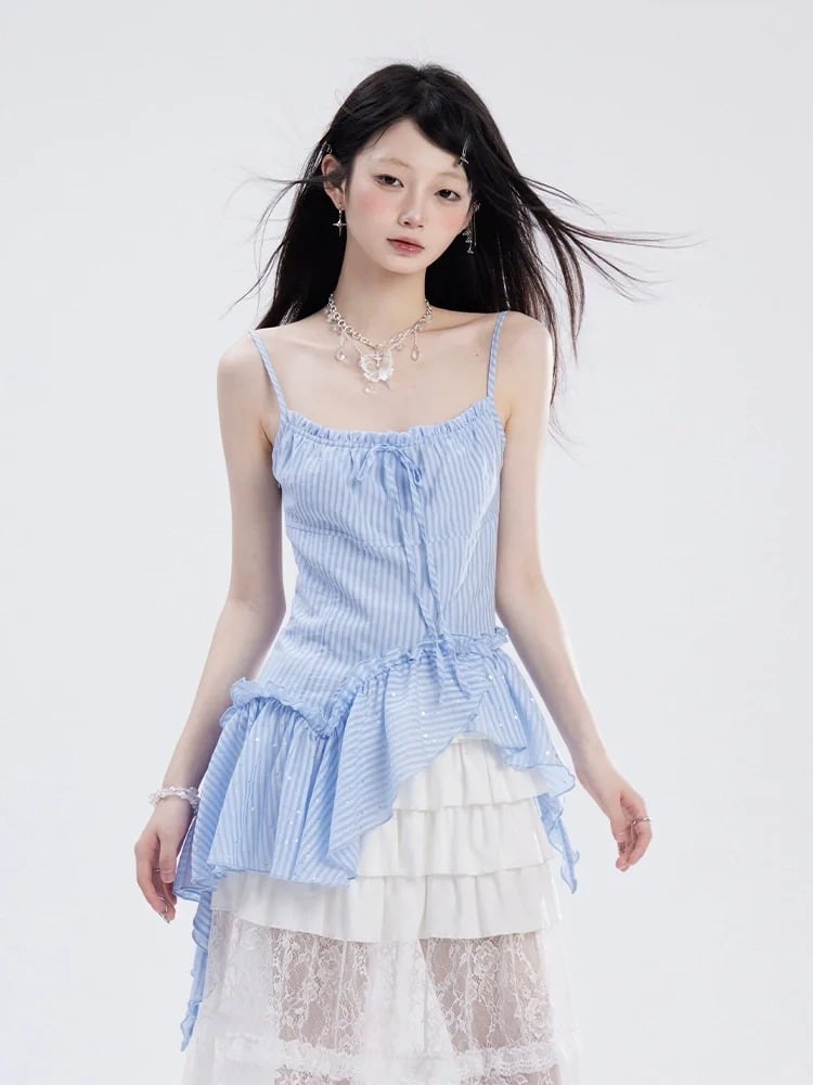 キャミソールトップ ブルー ストライプ柄 アシンメトリーヘム