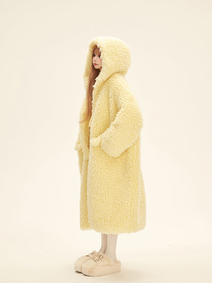 Drawstrings Hooded Coat Winter Fleece with Long Yellow