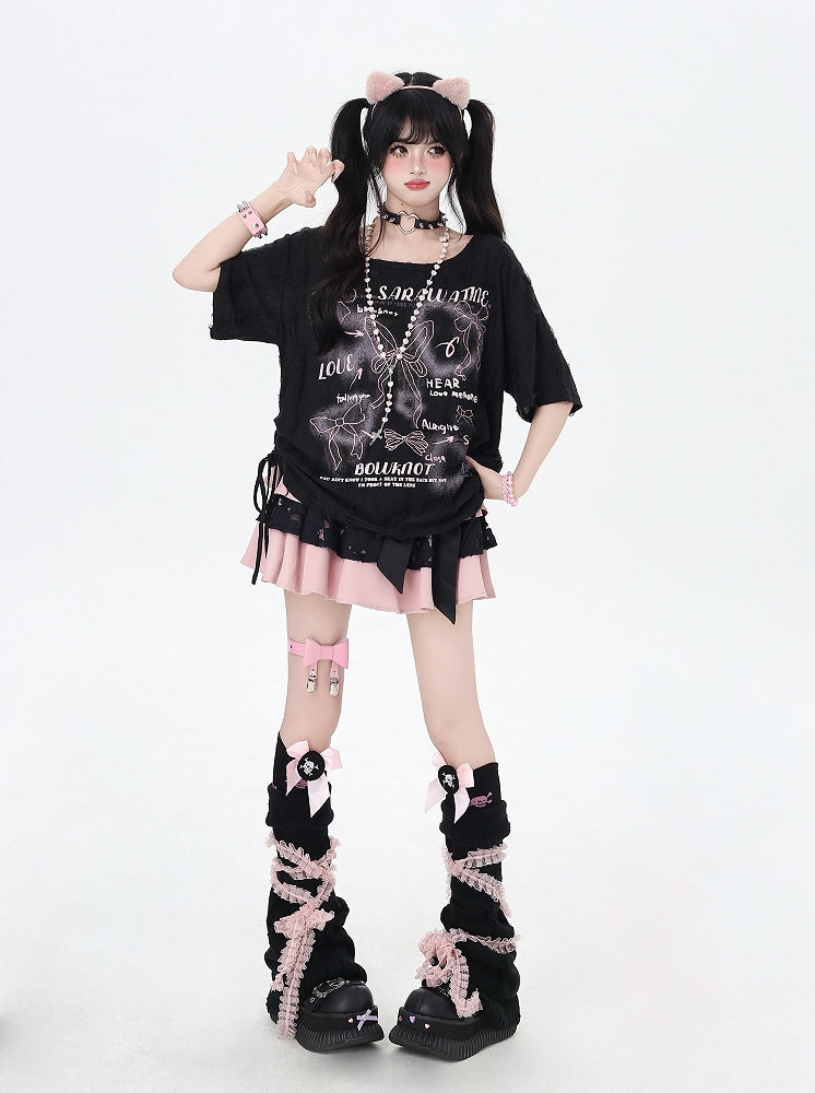 Schwarz/weißes T-Shirt mit seitlichem Kordelzug und Schleifenmuster, inklusive Schal