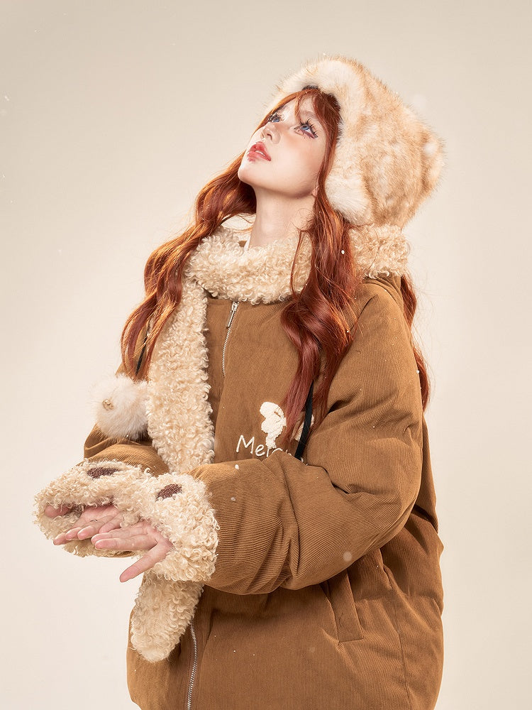 Cozy Brown Hooded Scarf Padded Coat with Furry Trim and Embroidered Bowknot