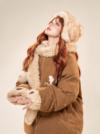 Cozy Brown Hooded Scarf Padded Coat with Furry Trim and Embroidered Bowknot