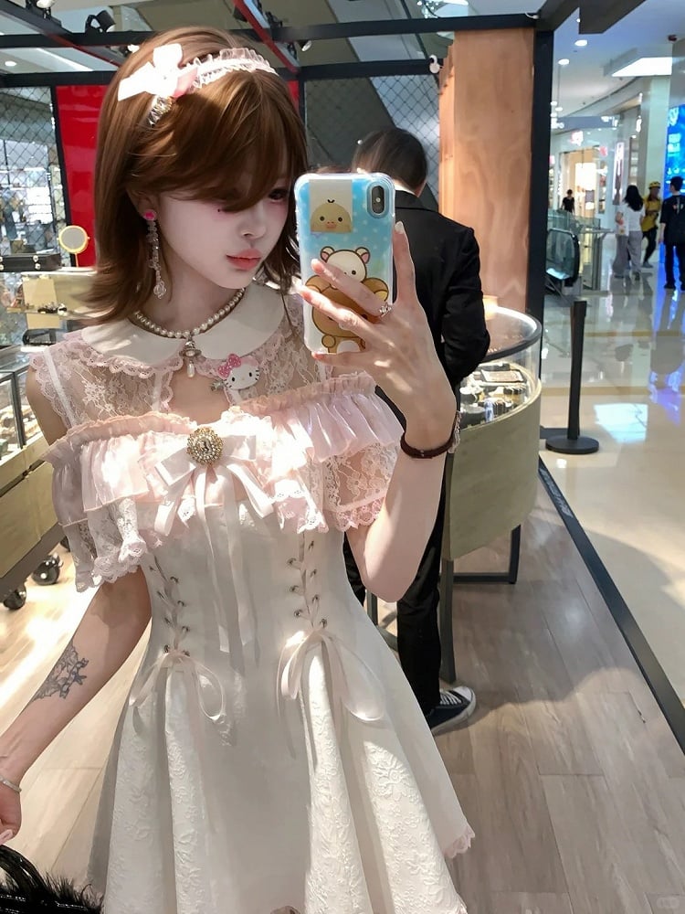 Kei Light Shoulder Dress Open Jirai Illusion Polished Aesthetic Pure - Neckline Pink with