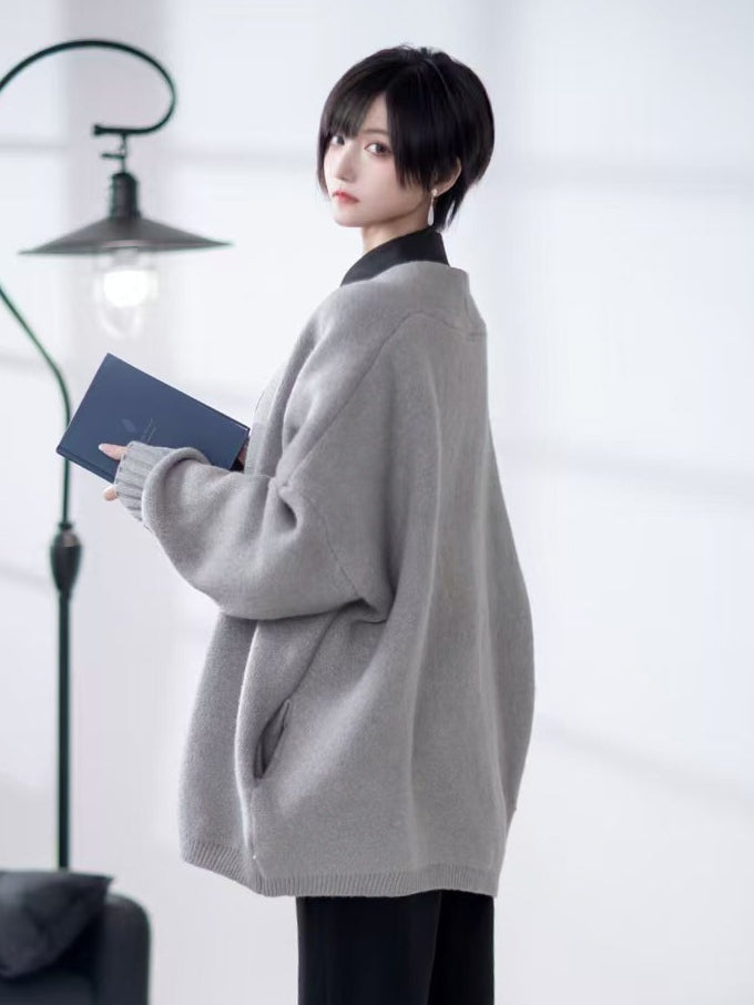 Gray Knit Buckle Cardigan with Unisex Closure Ouji