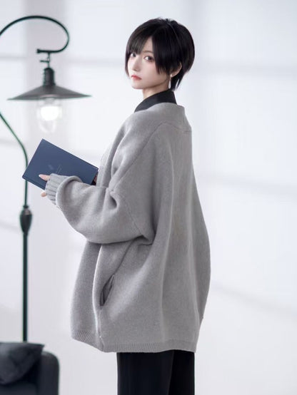 Gray Knit Buckle Cardigan with Unisex Closure Ouji