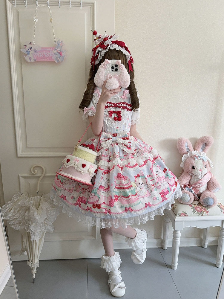 Puppy Sweet Jumper Niedlicher Rock Bunny Print und Kleid Lolita Blau