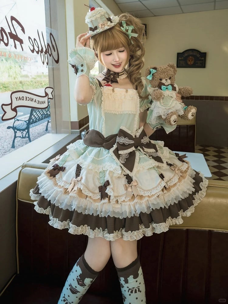 Waist Mint Bowknot Green Chocolate Details Lolita Dropped Layered Dress Sweet Hem