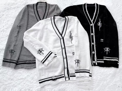 Augen- und Schlangenstickerei-Strickjacke Guro Distressed Holes Kawaii Schwarz mit