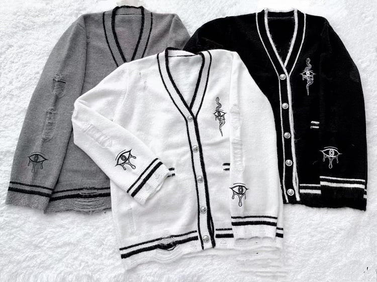 mit Augen- und Schlangenstickerei Distressed Holes Strickjacke Weiß