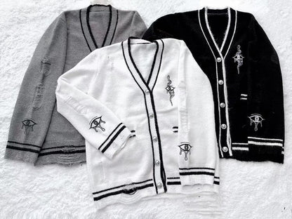 mit Augen- und Schlangenstickerei Distressed Holes Strickjacke Weiß