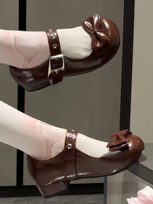 Sweet Janes Top Low-heel - at Toe Bow Accents Dark Brown Lolita PU Mary Star Round