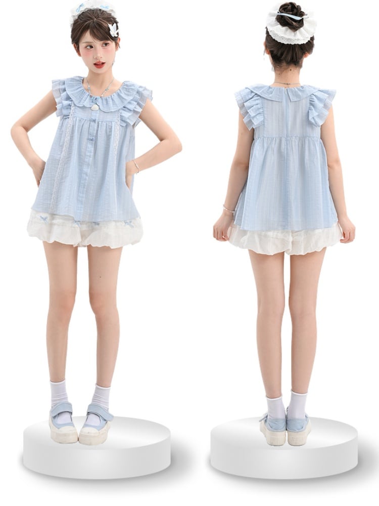 Sweet Tank Top Blue Peter Pan Collar Tiered Flutter Sleeves Bow Buttons