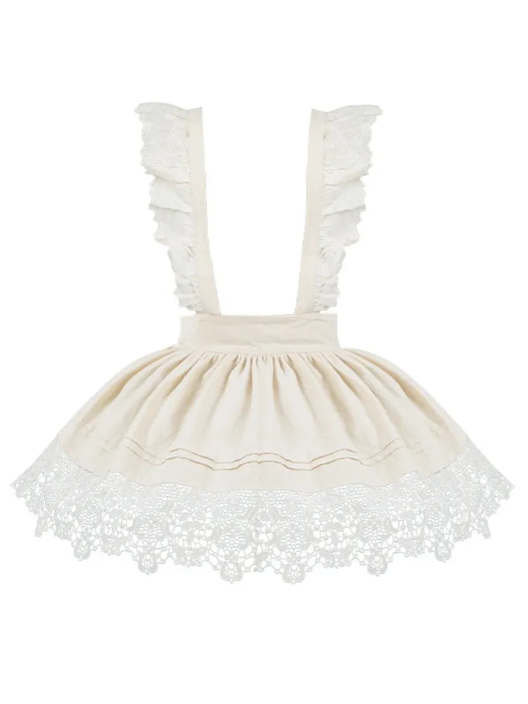 Beige Schürze mit Blumenspitzensaum und abnehmbaren Schultergurten