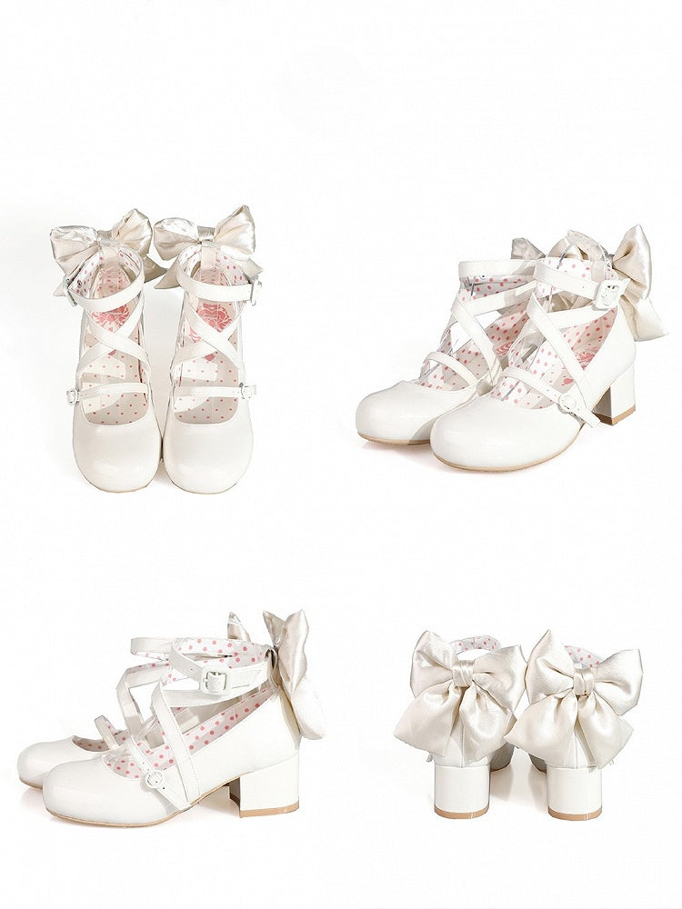 Round White Mary - Accent Design Crisscross Sweet Shoes Toe Jane Bow
