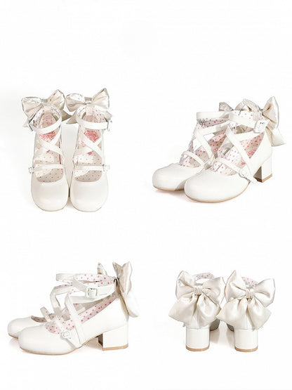 Round White Mary - Accent Design Crisscross Sweet Shoes Toe Jane Bow