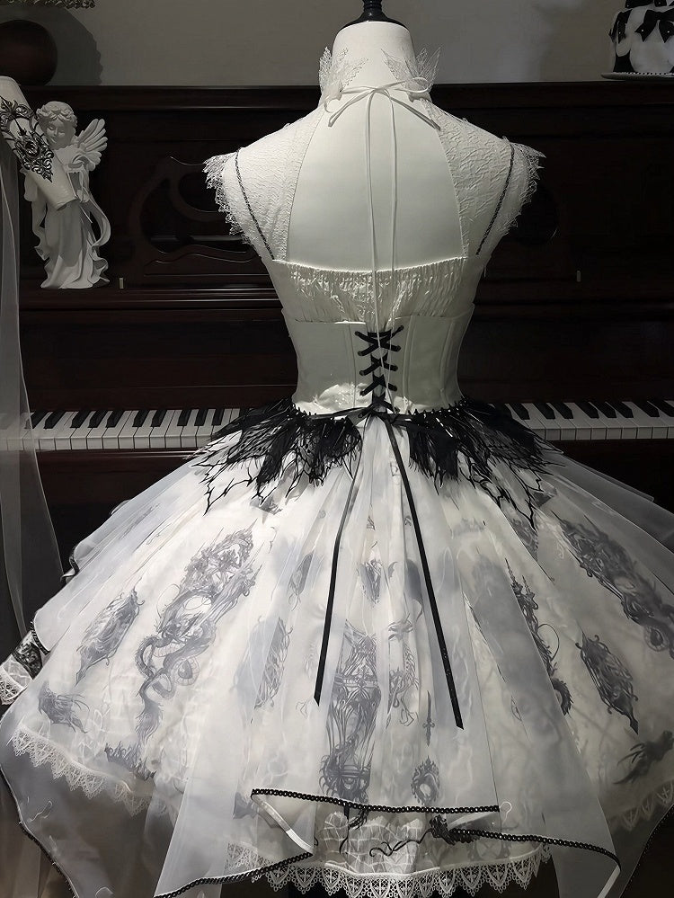 Black & White Bone Dragon Embroidery Halter Neck Gothic Lolita Dress Set - Ying Luo Fu