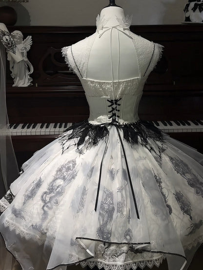 Black & White Bone Dragon Embroidery Halter Neck Gothic Lolita Dress Set - Ying Luo Fu